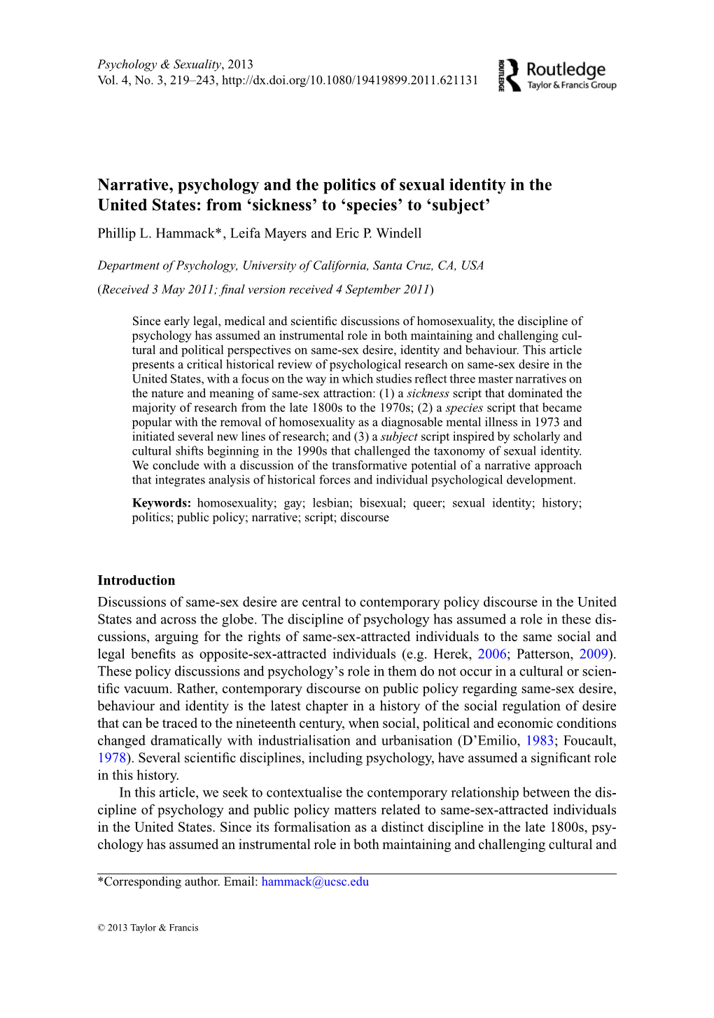 Narrative, Psychology and the Politics of Sexual Identity in the United States: from ‘Sickness’ to ‘Species’ to ‘Subject’ Phillip L