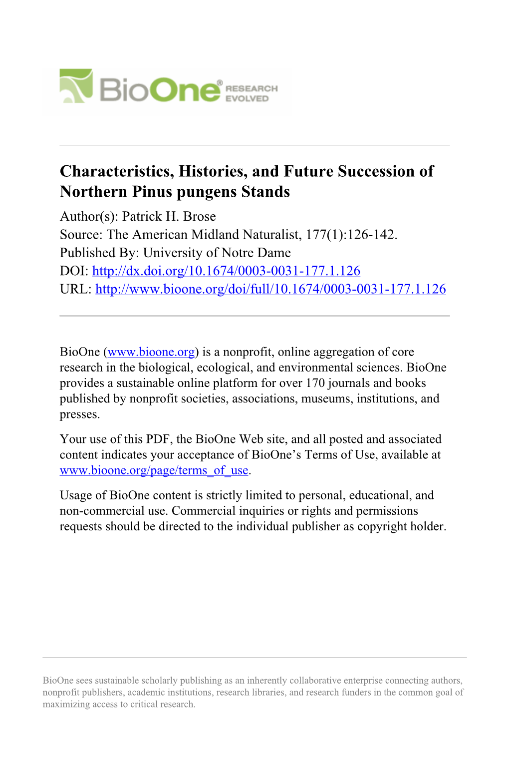 Characteristics, Histories, and Future Succession of Northern Pinus Pungens Stands Author(S): Patrick H