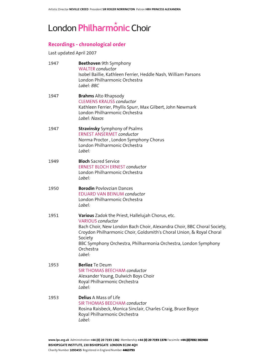 Recordings - Chronological Order Last Updated April 2007