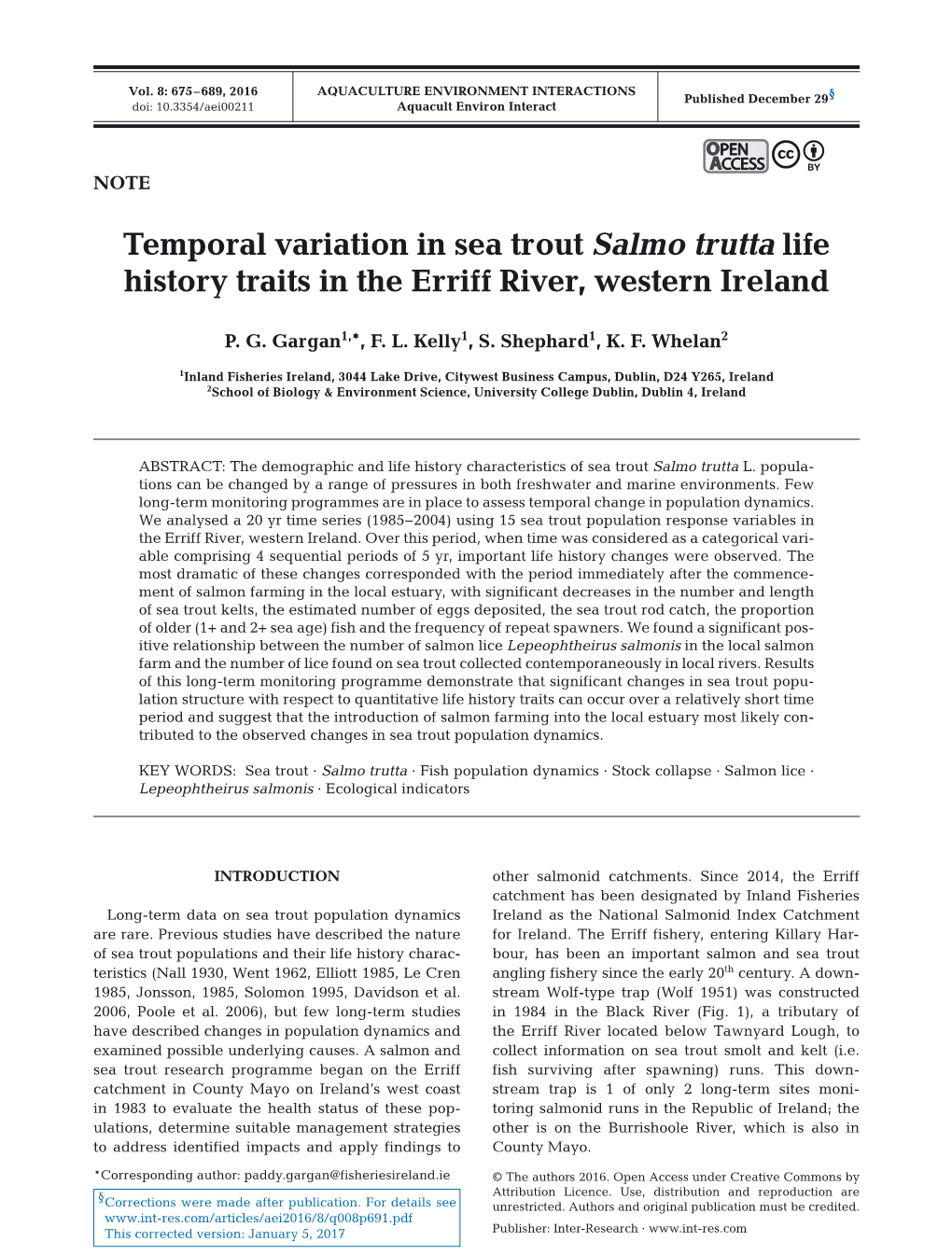 Temporal Variation in Sea Trout Salmo Trutta Life History Traits in the Erriff River, Western Ireland