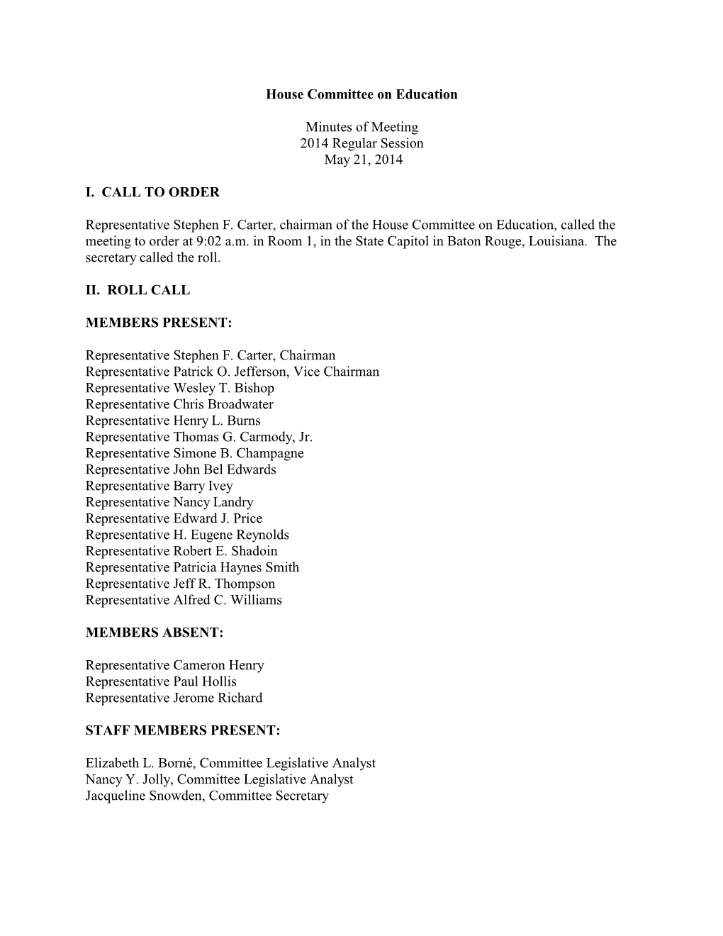 House Committee on Education Minutes of Meeting 2014 Regular