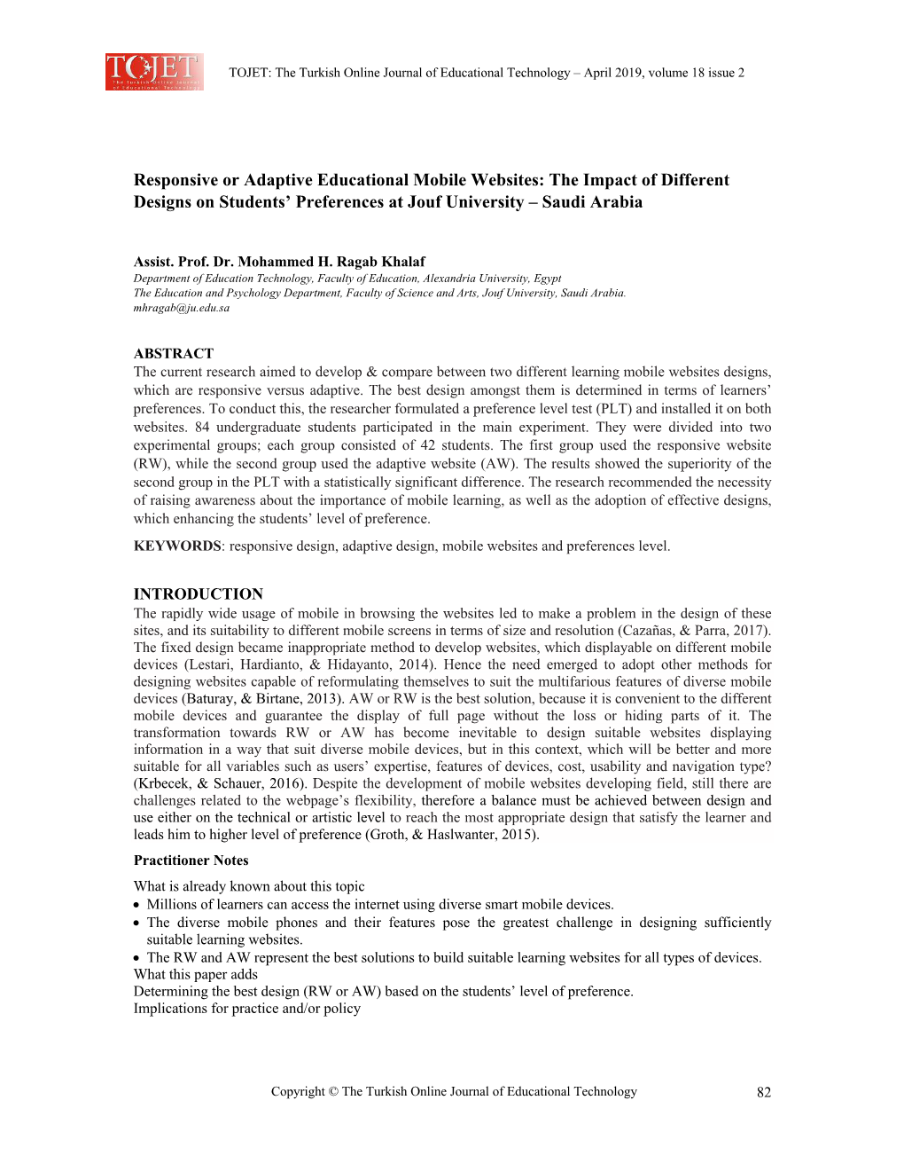 Responsive Or Adaptive Educational Mobile Websites: the Impact of Different Designs on Students’ Preferences at Jouf University – Saudi Arabia