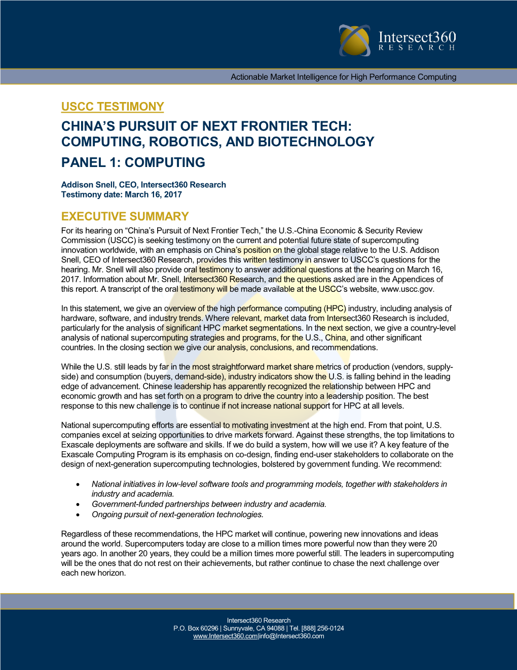 Uscc Testimony China’S Pursuit of Next Frontier Tech: Computing, Robotics, and Biotechnology Panel 1: Computing