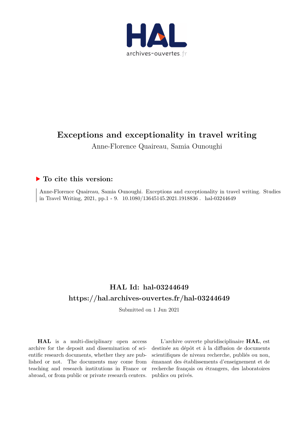 Exceptions and Exceptionality in Travel Writing Anne-Florence Quaireau, Samia Ounoughi