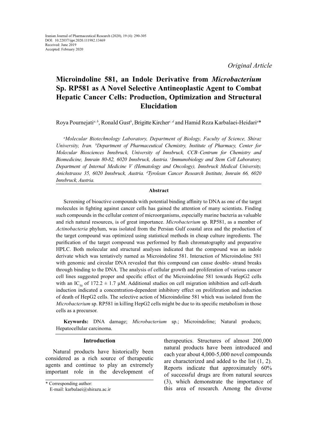 Microindoline 581, an Indole Derivative from Microbacterium Sp. RP581 As a Novel Selective Antineoplastic Agent to Combat Hepati