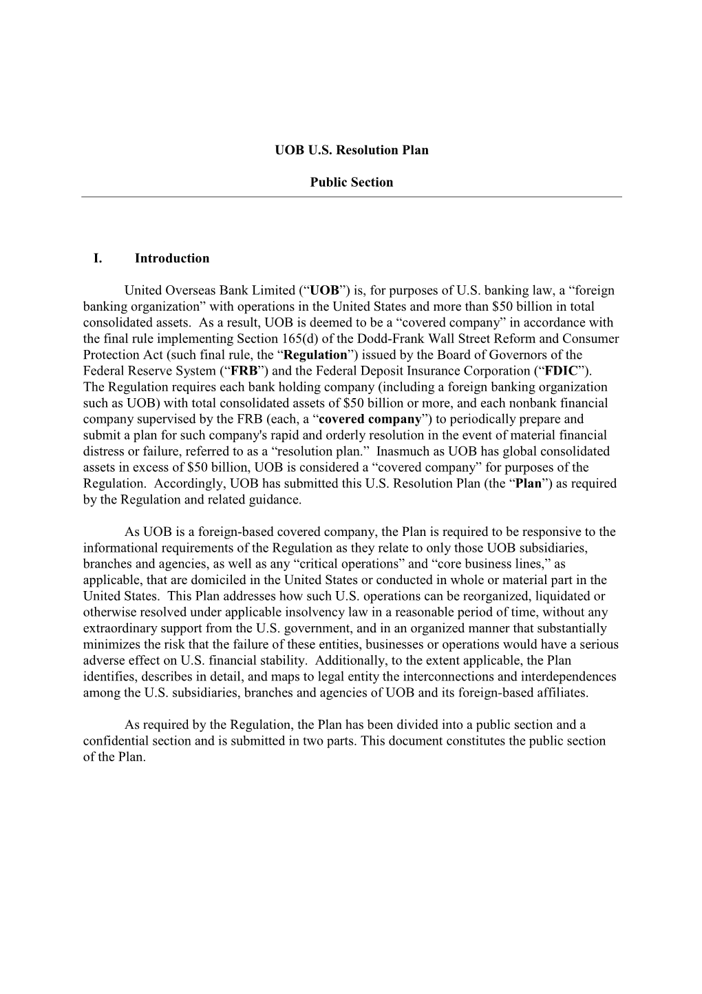 UOB U.S. Resolution Plan Public Section I. Introduction United