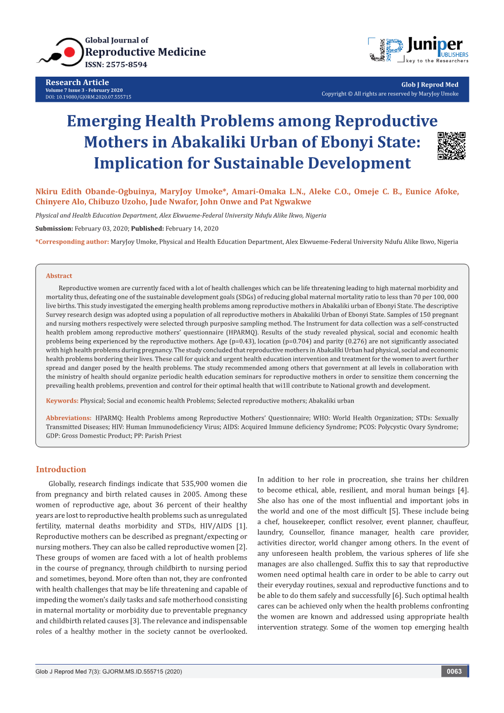 Emerging Health Problems Among Reproductive Mothers in Abakaliki Urban of Ebonyi State: Implication for Sustainable Development
