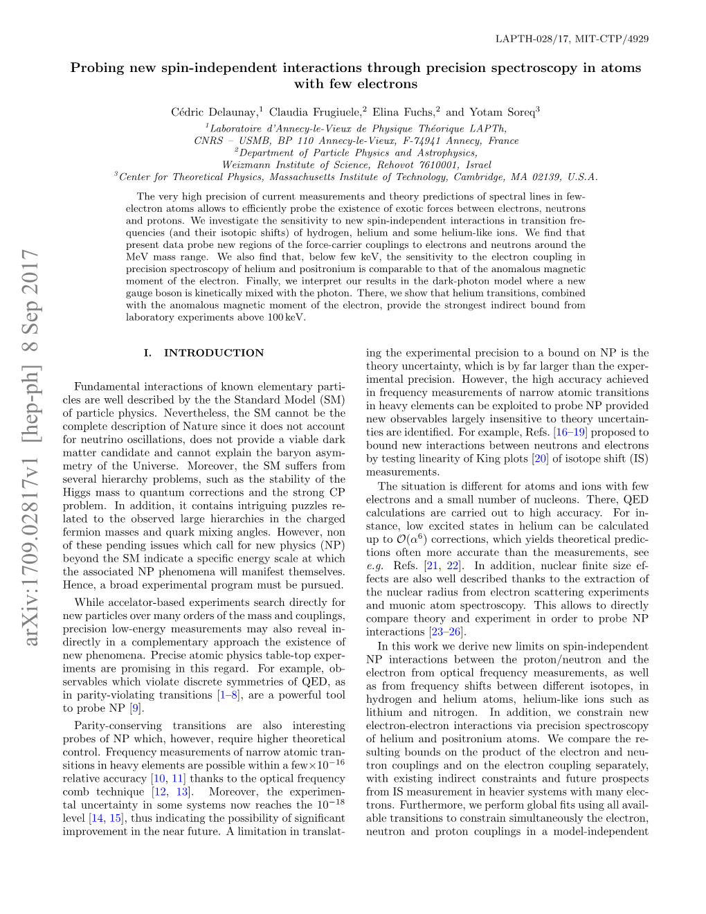 Arxiv:1709.02817V1 [Hep-Ph] 8 Sep 2017 Directly in a Complementary Approach the Existence of in This Work We Derive New Limits on Spin-Independent New Phenomena