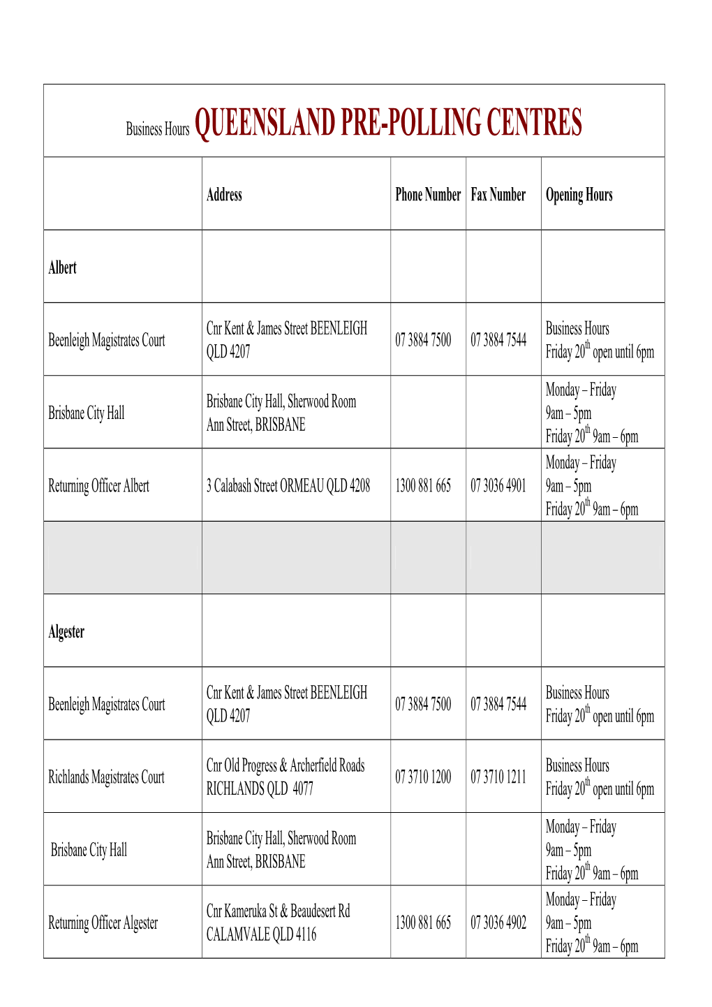 Business Hours QUEENSLAND PRE-POLLING CENTRES