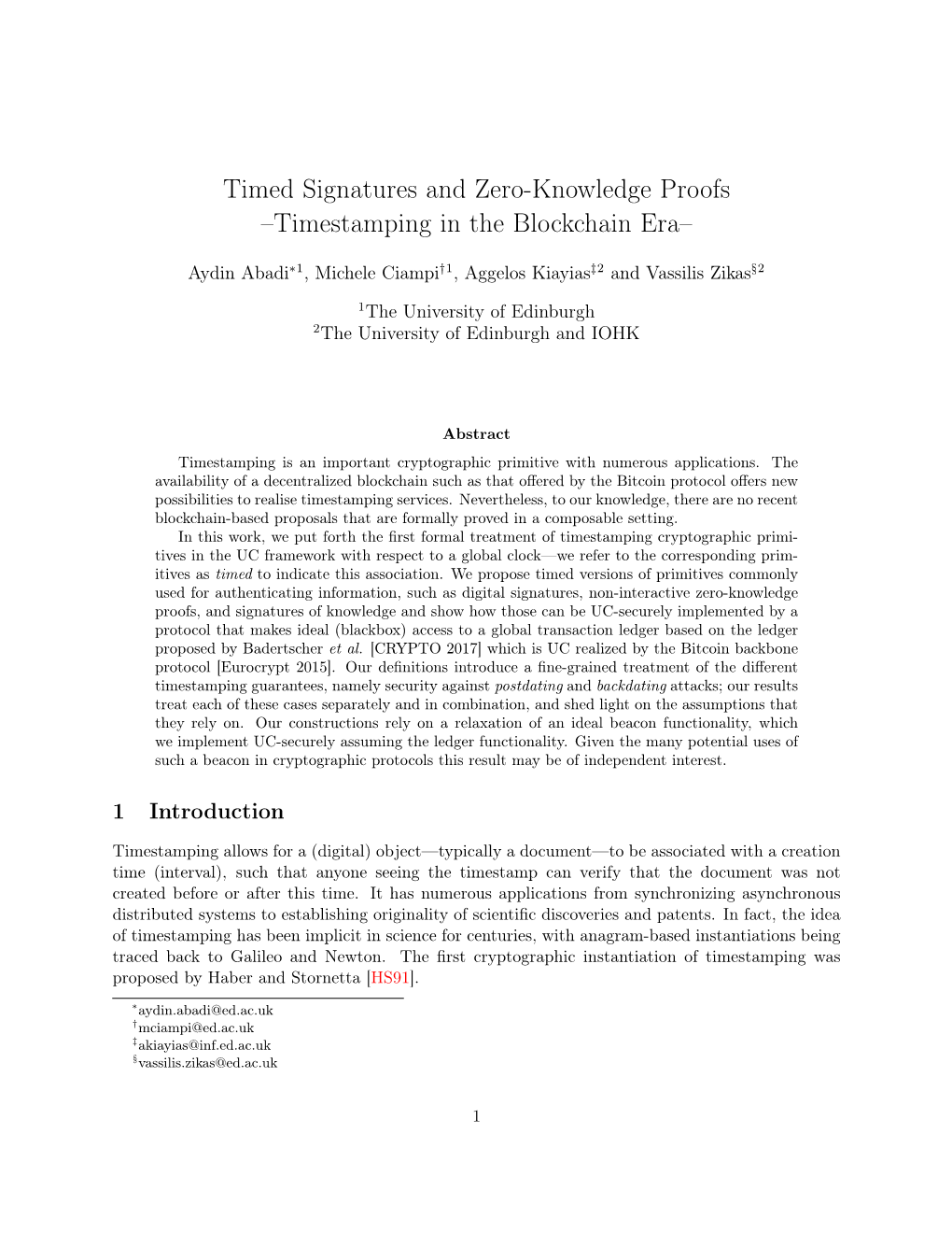 Timed Signatures and Zero-Knowledge Proofs –Timestamping in the Blockchain Era–