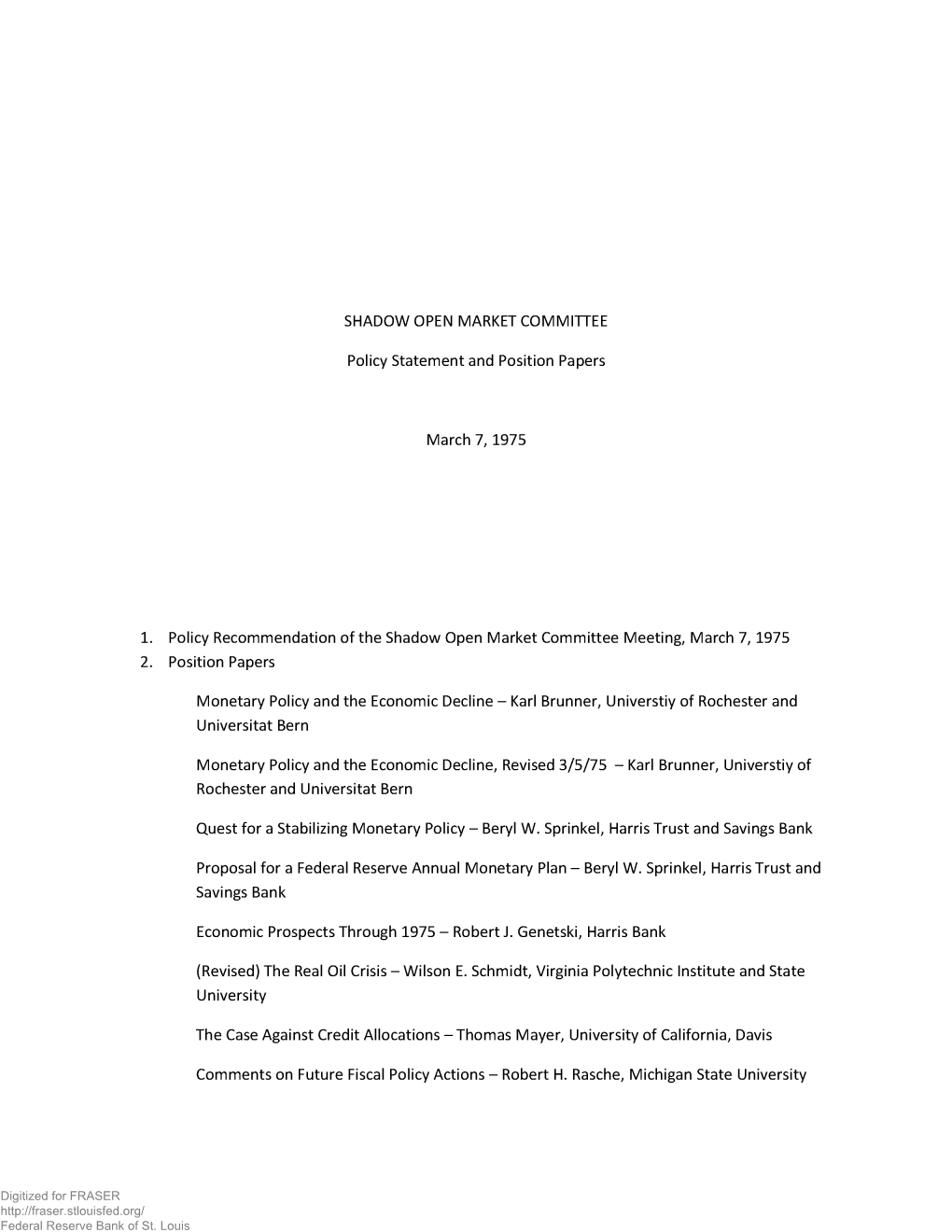 Shadow Open Market Committee Policy Statement and Position Papers