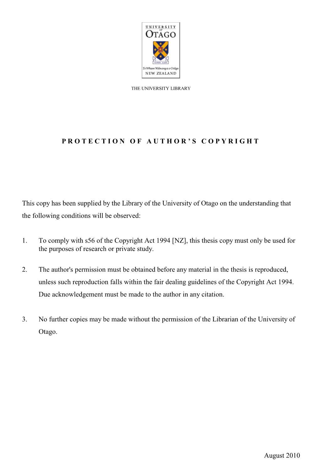 August 2010 PROTECTION of AUTHOR ' S C O P Y R I G H T This