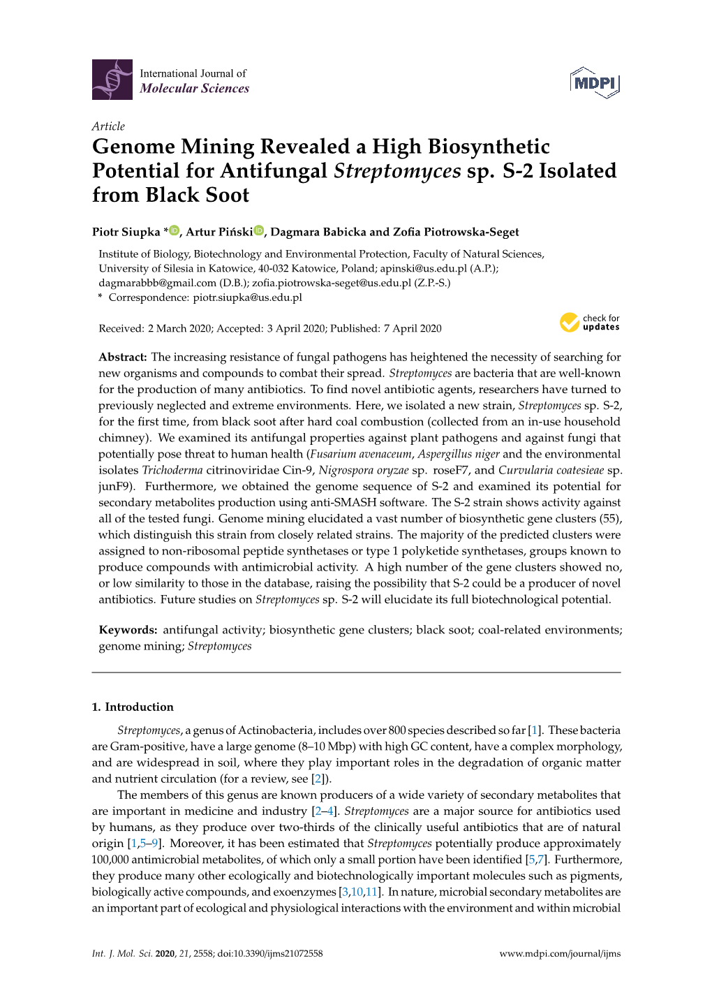 Genome Mining Revealed a High Biosynthetic Potential for Antifungal Streptomyces Sp. S-2 Isolated from Black Soot