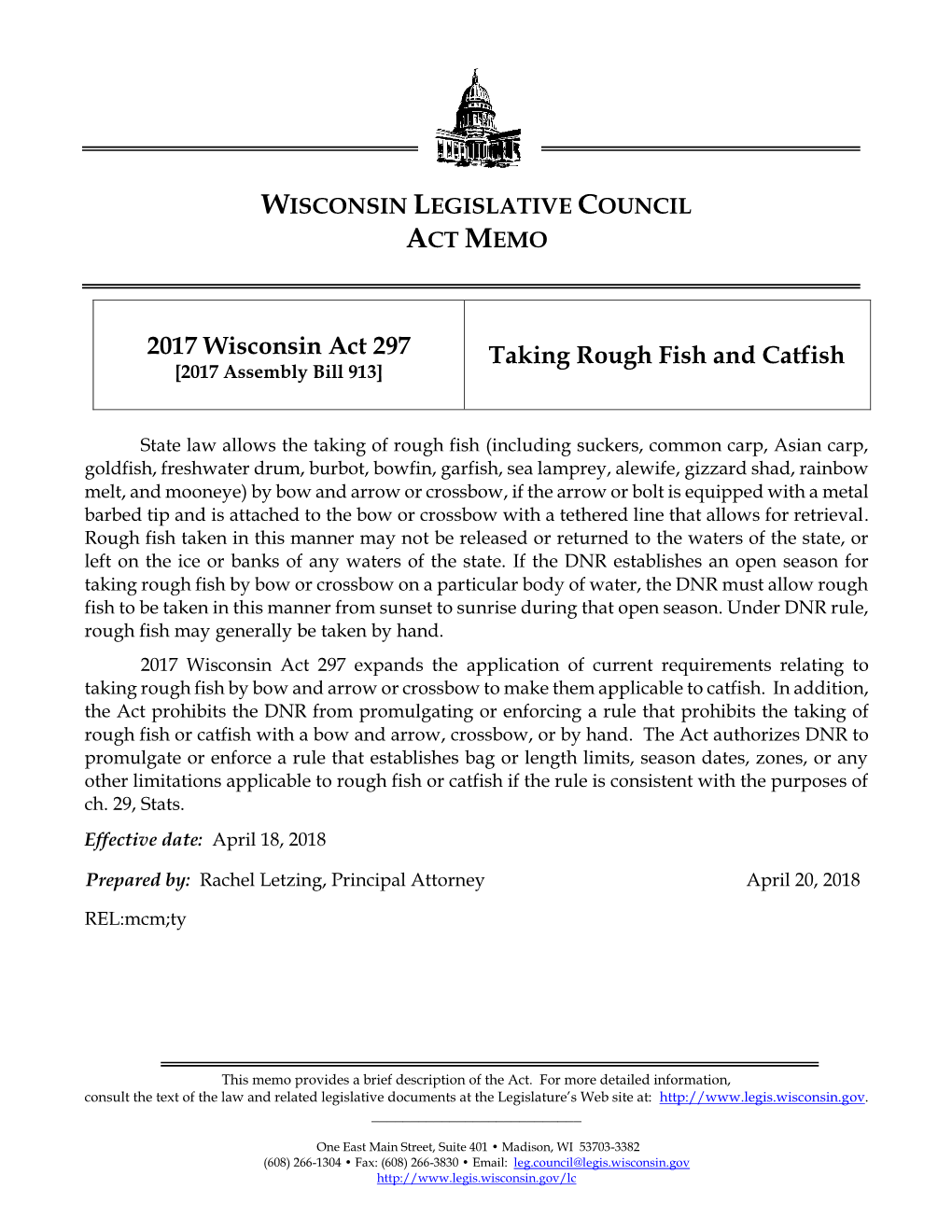 2017 Wisconsin Act 297 Taking Rough Fish and Catfish [2017 Assembly Bill 913]