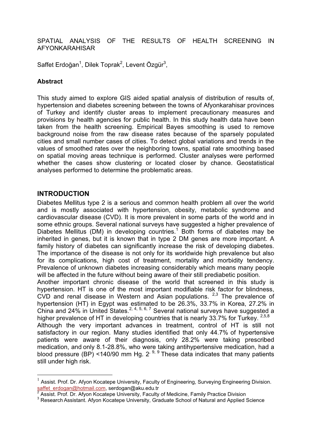 Spatial Analysis of the Results of Health Screening in Afyonkarahisar