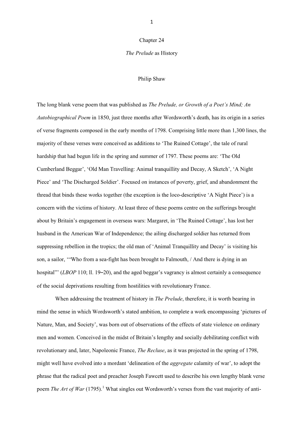 1 Chapter 24 the Prelude As History Philip Shaw the Long Blank Verse Poem That Was Published As the Prelude, Or Growth of a Poet