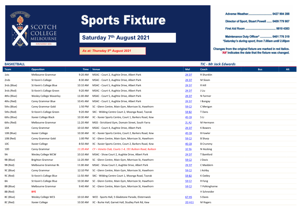 Scotch College Sporting Fixtures