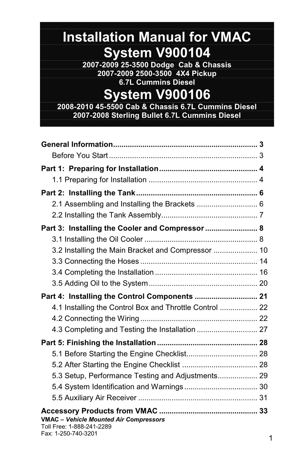 Installation Manual for VMAC System V900104