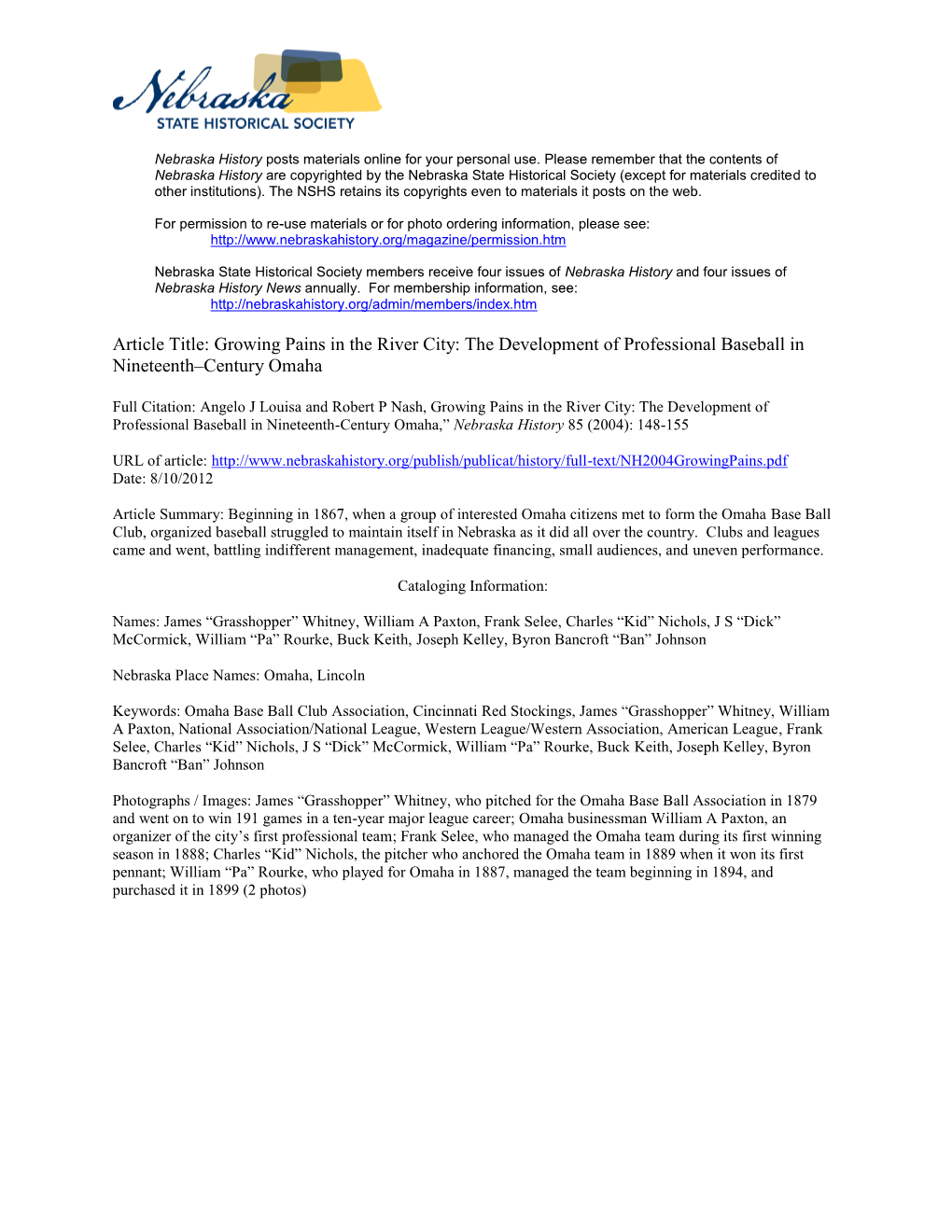 Growing Pains in the River City: the Development of Professional Baseball in Nineteenth–Century Omaha