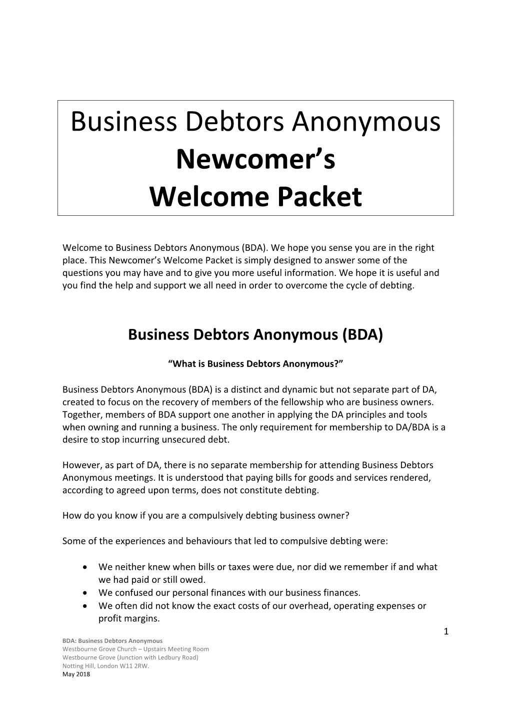 Business Debtors Anonymous Newcomer's Welcome Packet