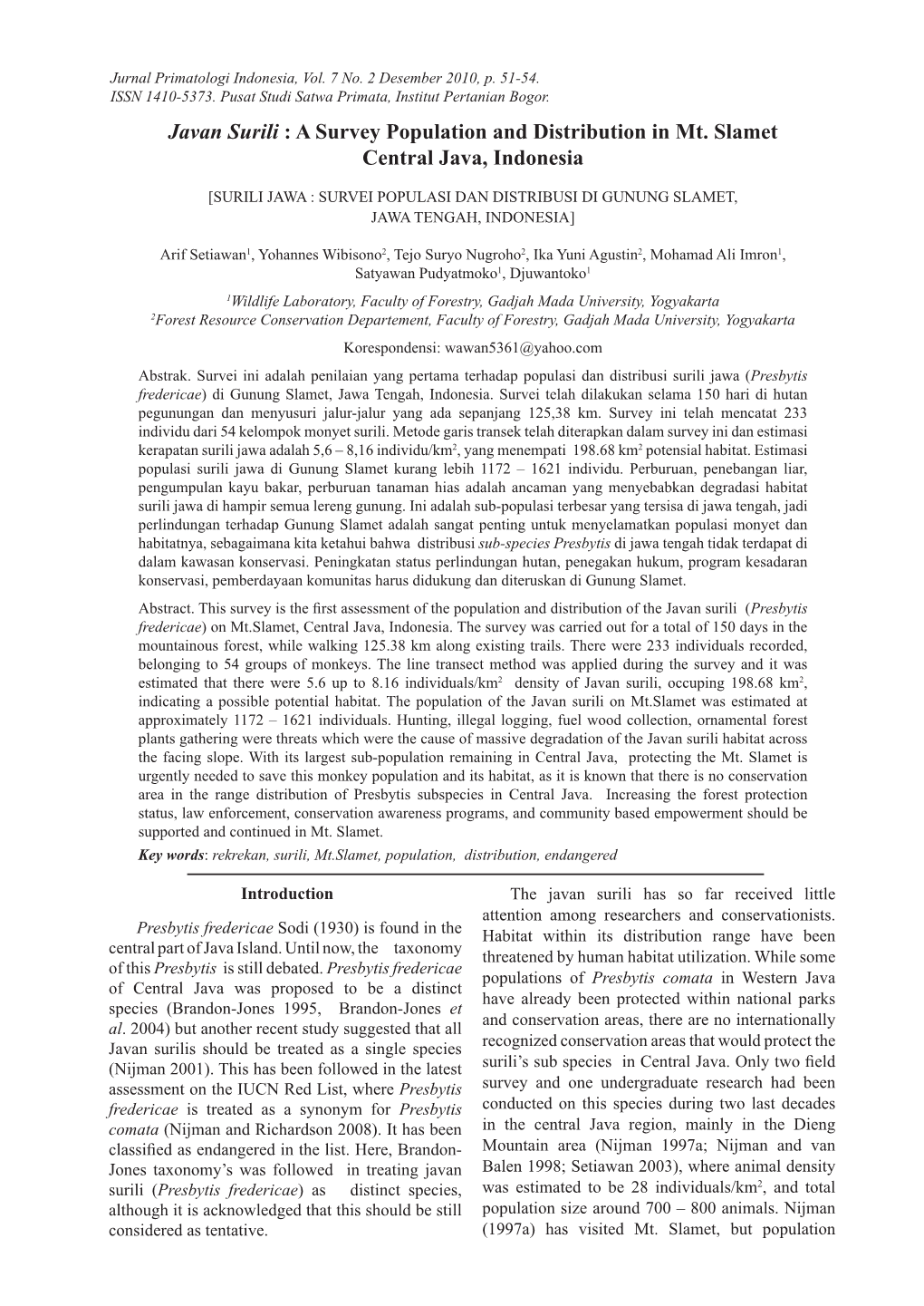 Javan Surili : a Survey Population and Distribution in Mt. Slamet Central Java, Indonesia