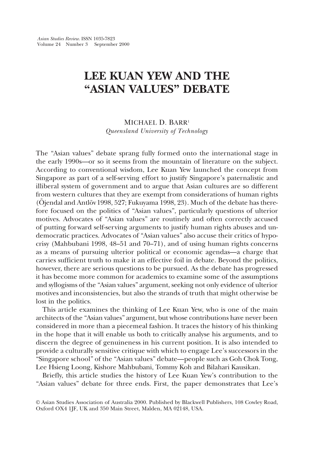 Lee Kuan Yew and the “Asian Values” Debate