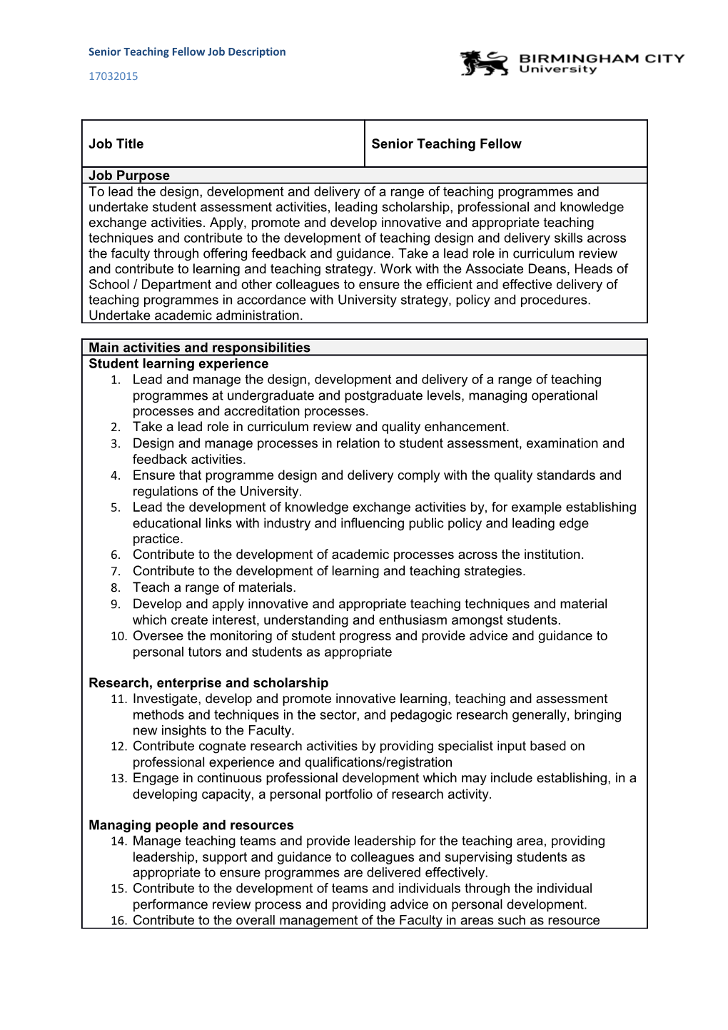 Senior Teaching Fellow Job Description