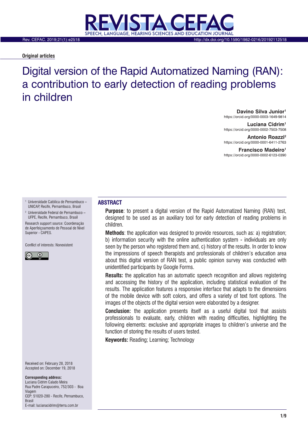 Digital Version of the Rapid Automatized Naming (RAN): a Contribution to Early Detection of Reading Problems in Children