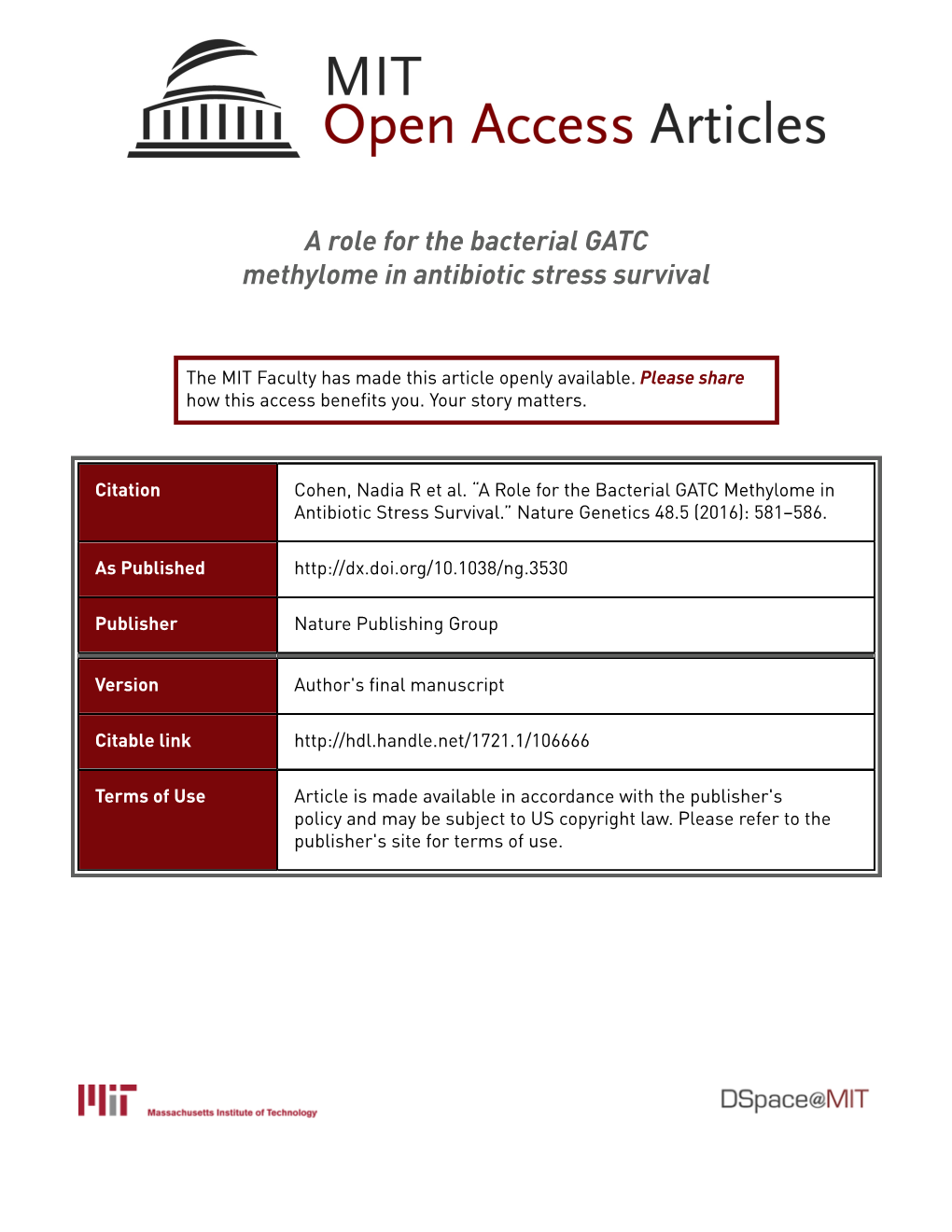 A Role for the Bacterial GATC Methylome in Antibiotic Stress Survival