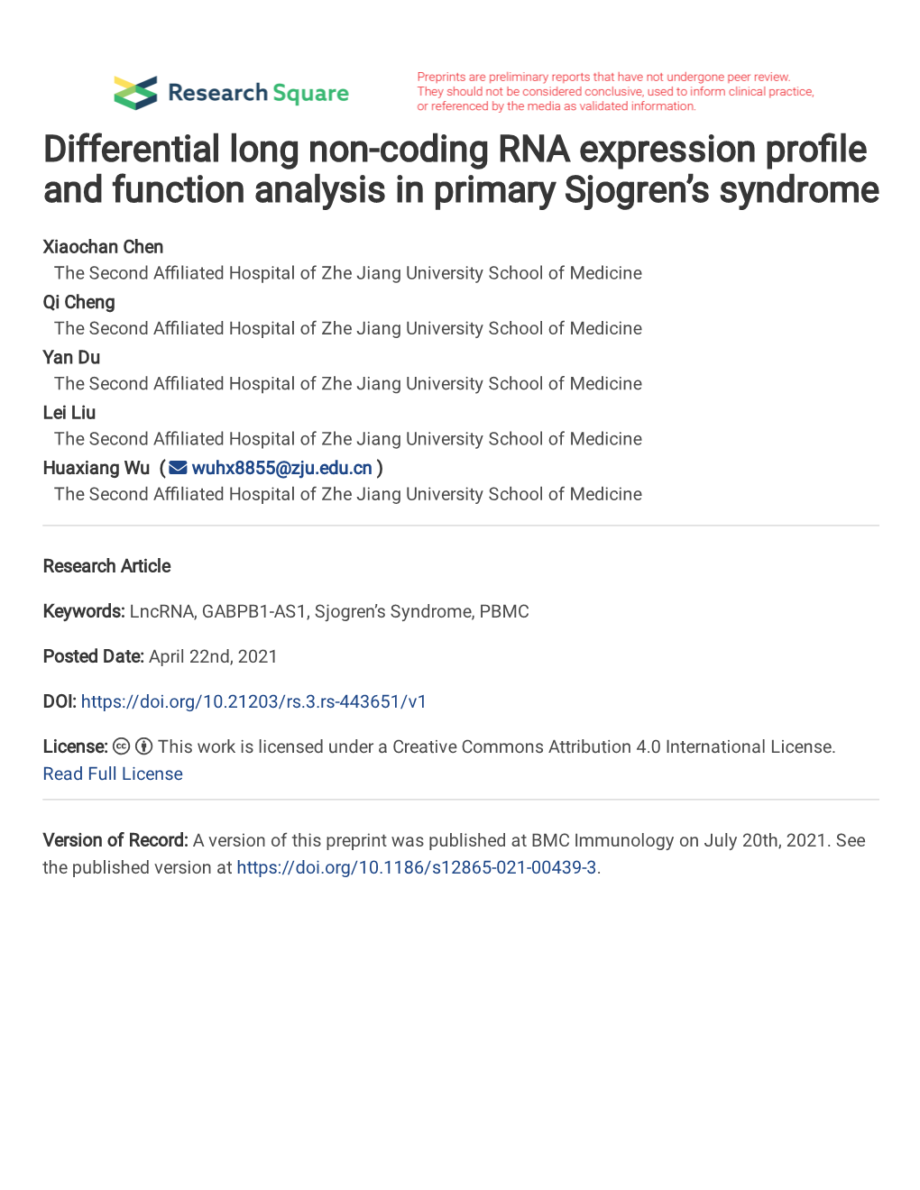 Differential Long Non-Coding RNA Expression Profile and Function Analysis in Primary Sjogren’S Syndrome