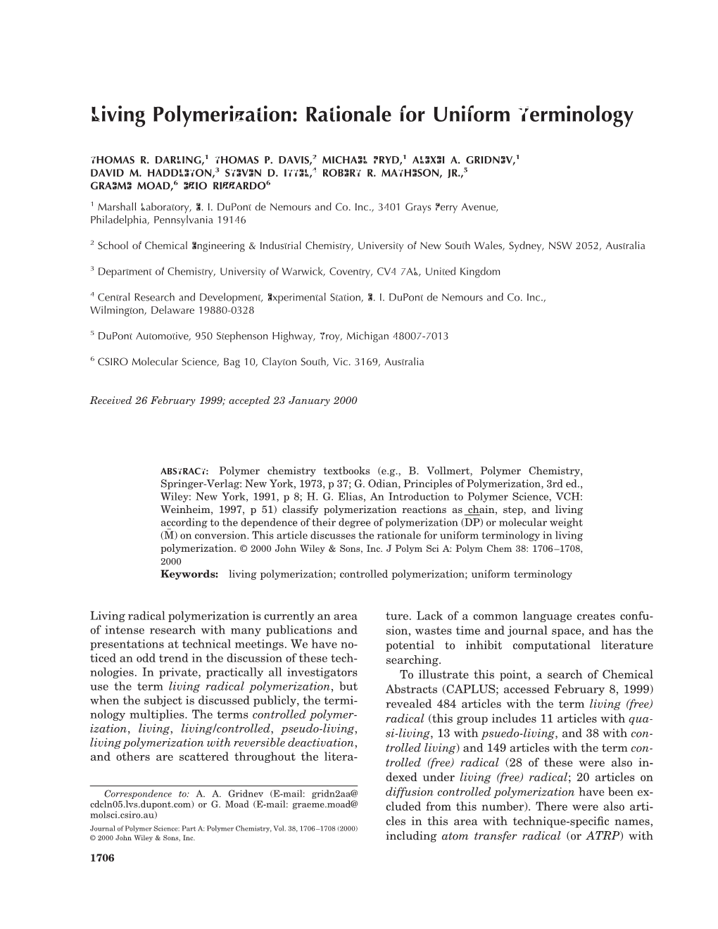 Living Polymerization: Rationale for Uniform Terminology