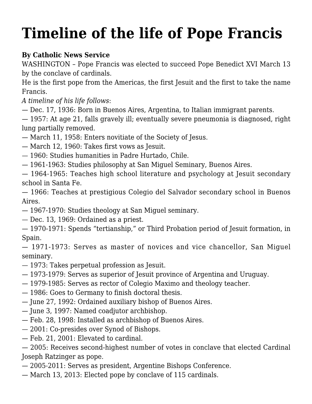 Timeline of the Life of Pope Francis
