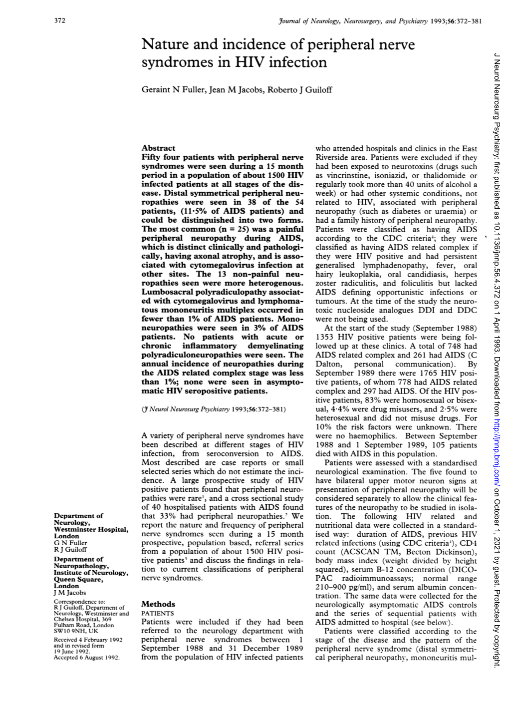 Nature and Incidence of Peripheral Nerve Syndromes in HIV Infection J Neurol Neurosurg Psychiatry: First Published As 10.1136/Jnnp.56.4.372 on 1 April 1993