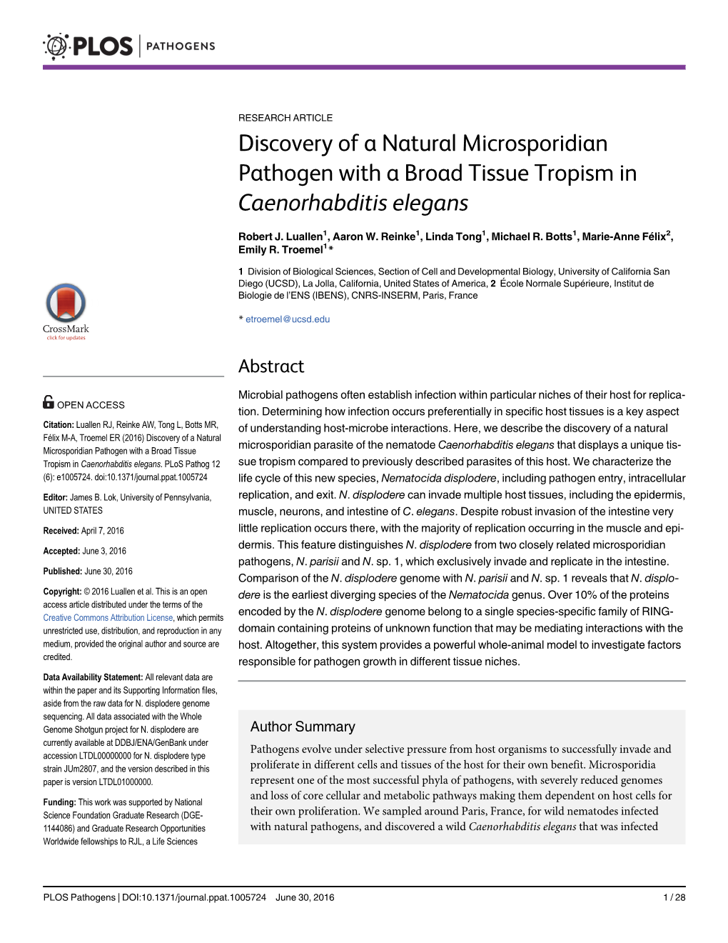 Discovery of a Natural Microsporidian Pathogen with a Broad Tissue Tropism in Caenorhabditis Elegans