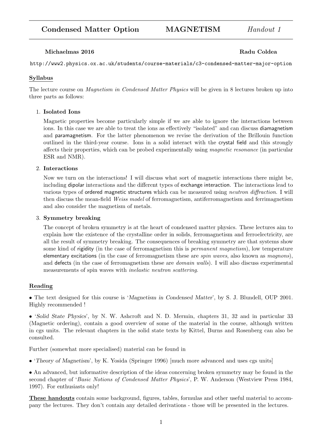 Condensed Matter Option MAGNETISM Handout 1