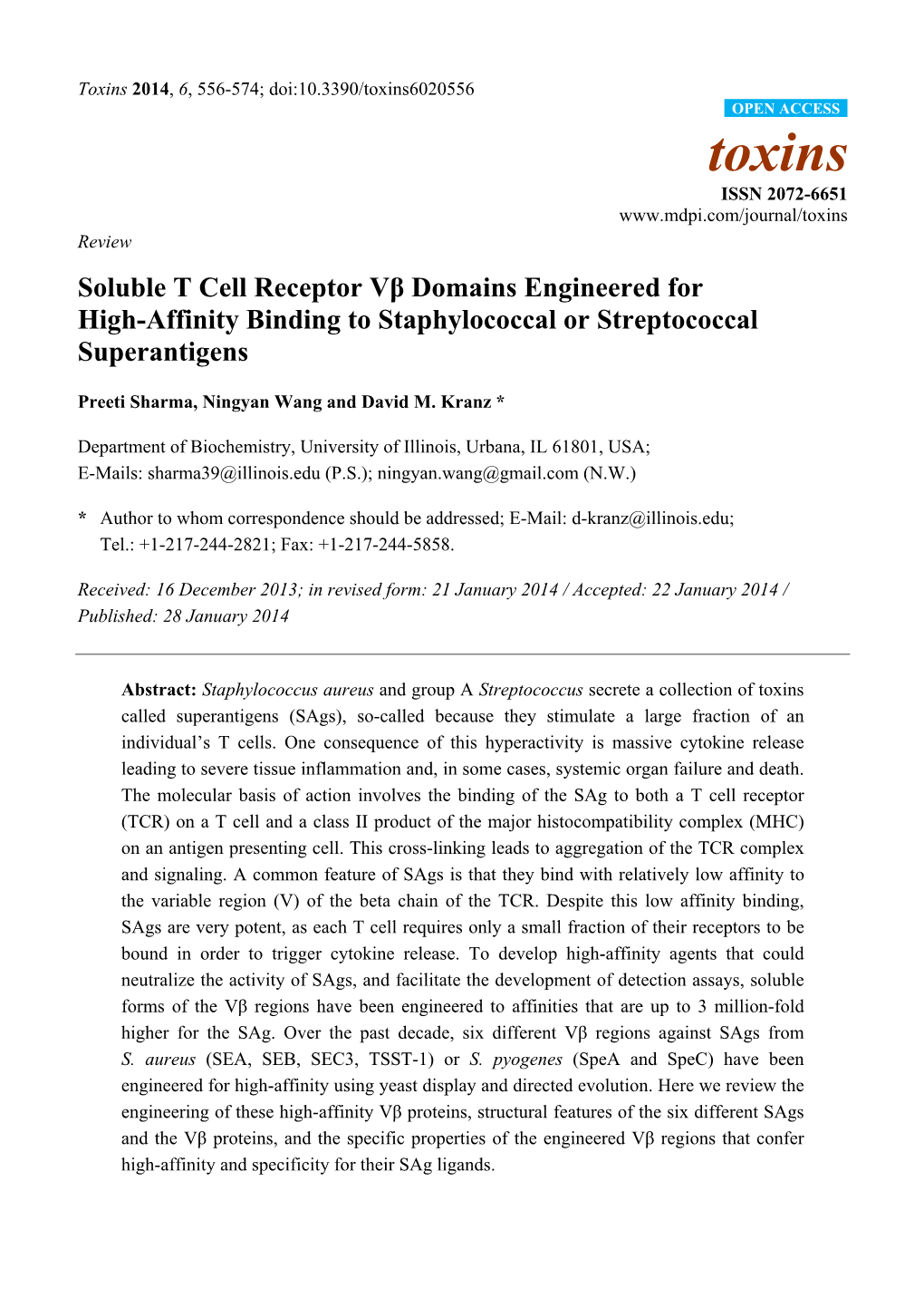 Soluble T Cell Receptor Vβ Domains Engineered for High-Affinity Binding to Staphylococcal Or Streptococcal Superantigens