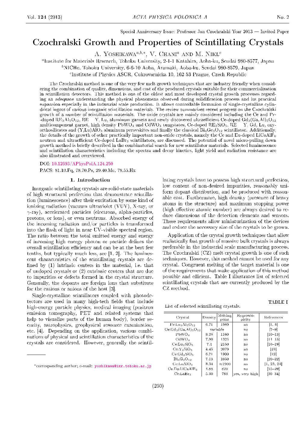 Czochralski Growth and Properties of Scintillating Crystals A