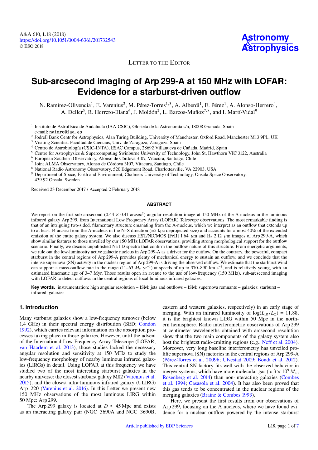 Sub-Arcsecond Imaging of Arp 299-A at 150 Mhz with LOFAR: Evidence for a Starburst-Driven Outﬂow N