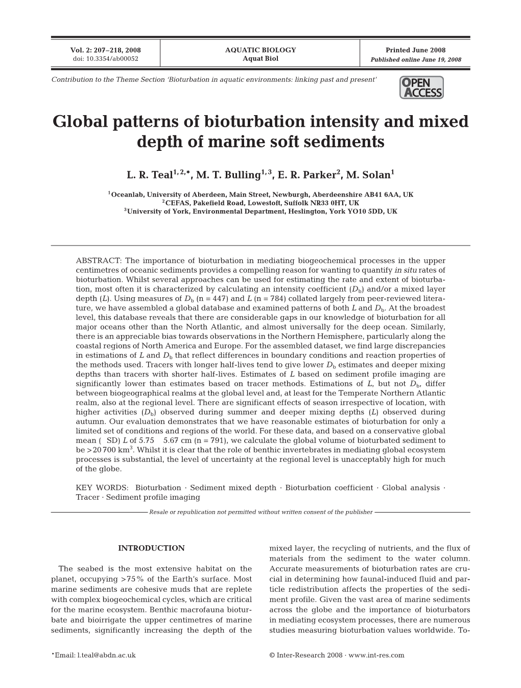 Global Patterns of Bioturbation Intensity and Mixed Depth of Marine Soft Sediments