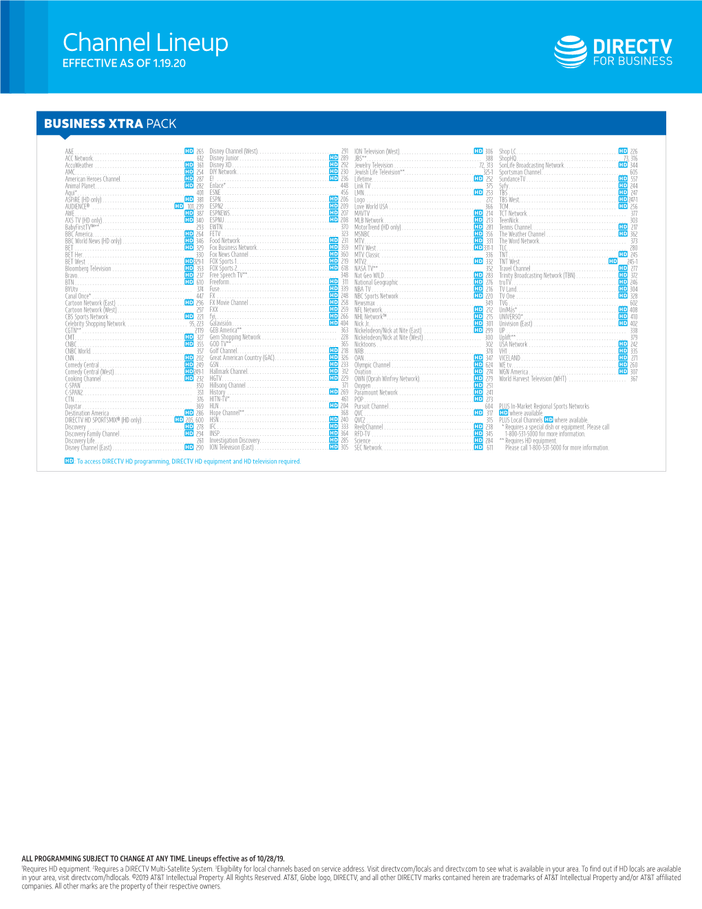 Channel Lineup EFFECTIVE AS of 1.19.20