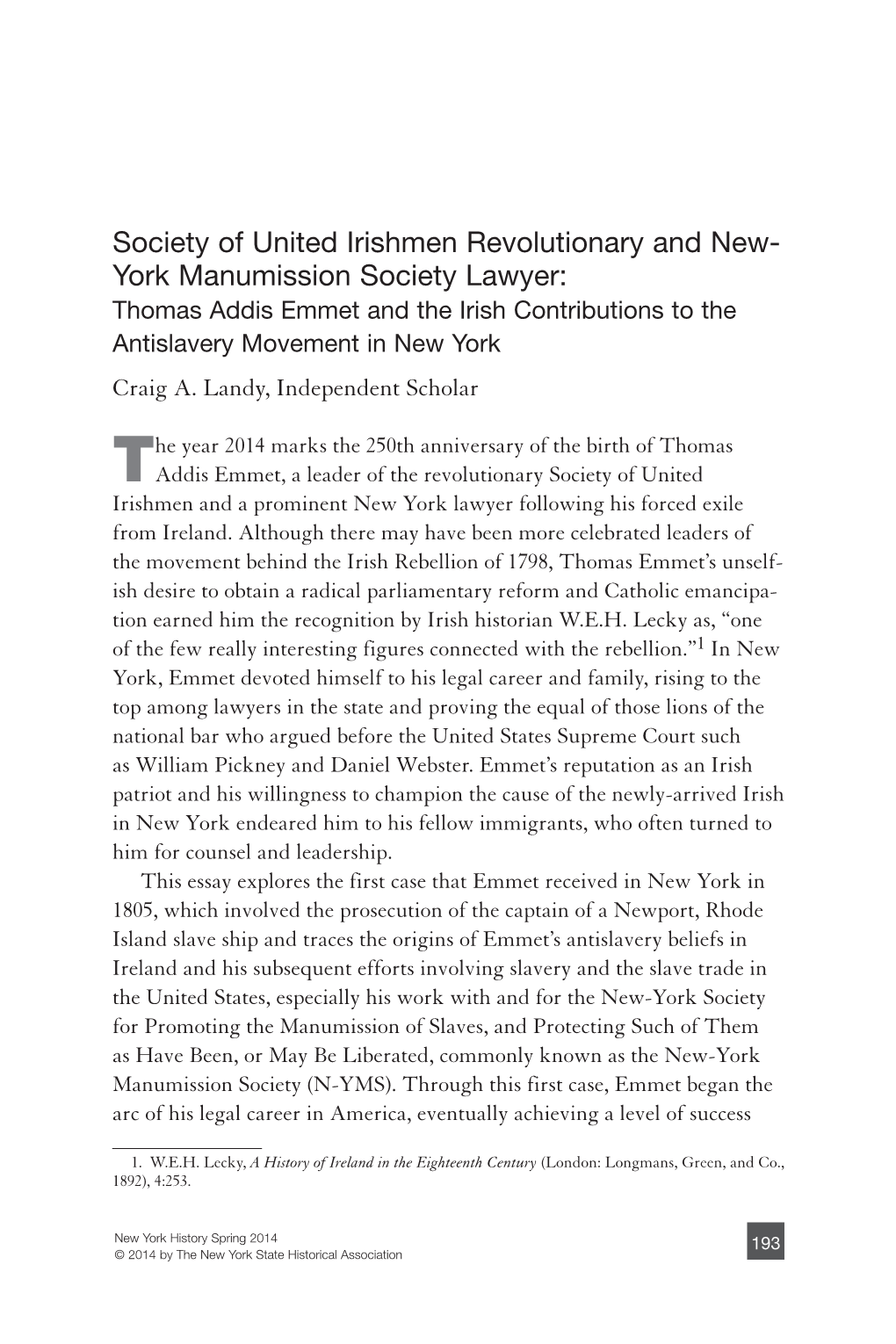 Thomas Addis Emmet and the Irish Contributions to the Antislavery Movement in New York Craig A