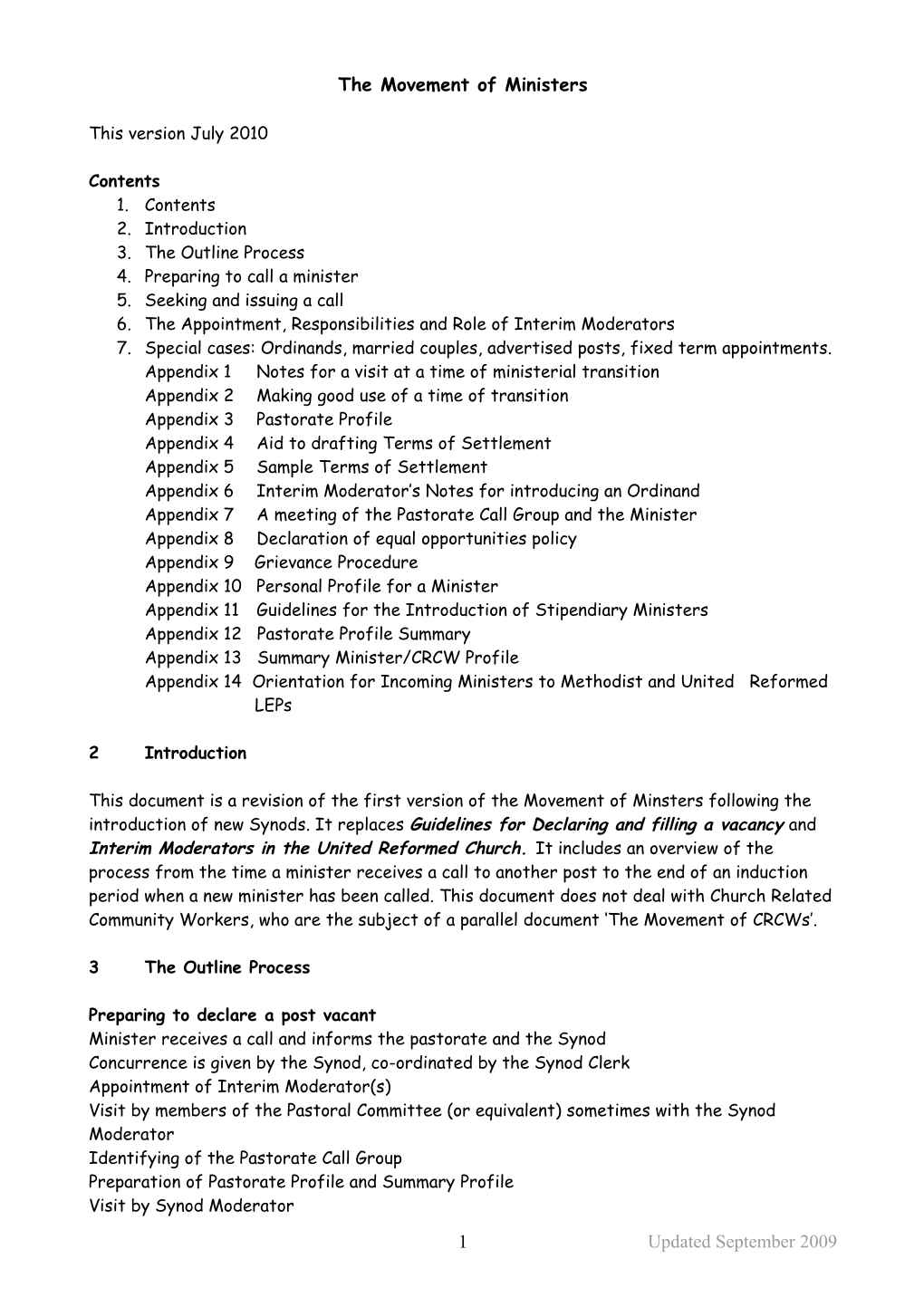 DRAFT OUTLINE of Combined Document Vacancies, Ministers, Interim Moderators