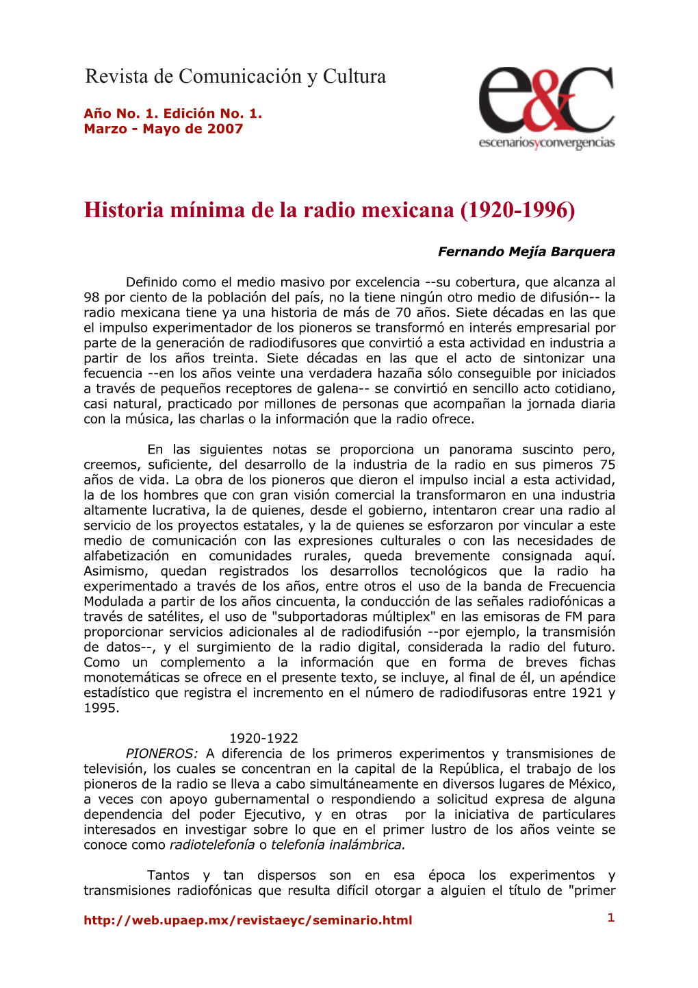 Historia Mínima De La Radio Mexicana (1920-1996)