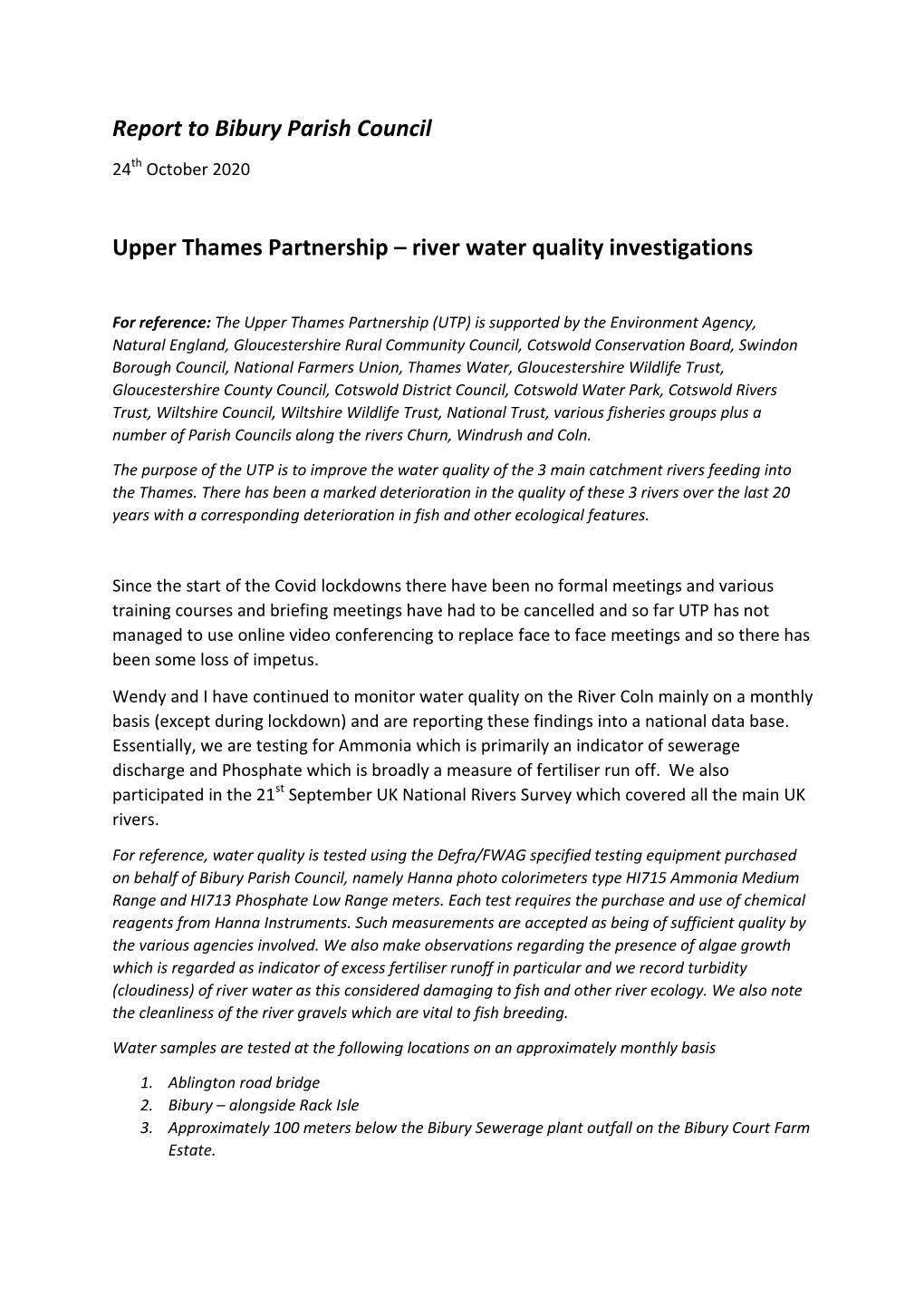 Report to Bibury Parish Council Upper Thames Partnership River Water