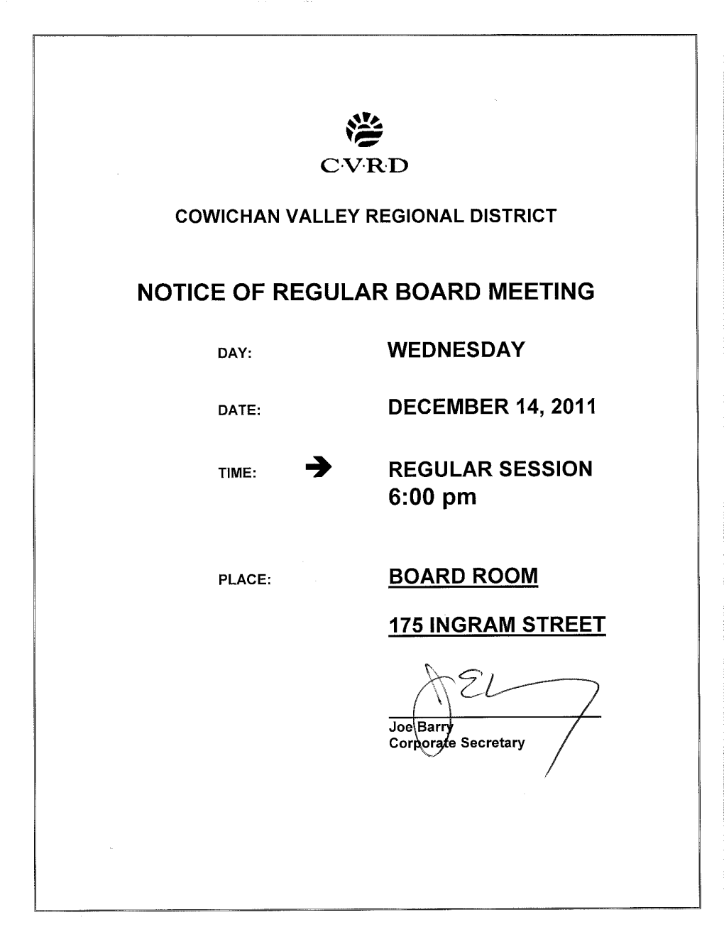 NOTICE of REGULAR BOARD MEETING 6:00Pm