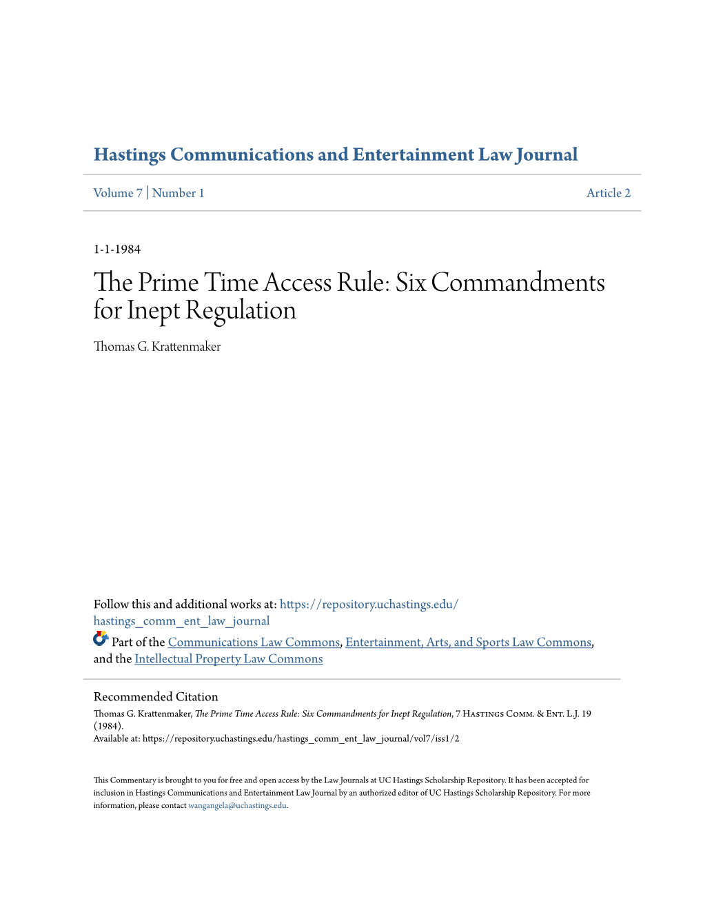 The Prime Time Access Rule: Six Commandments for Inept Regulation, 7 Hastings Comm