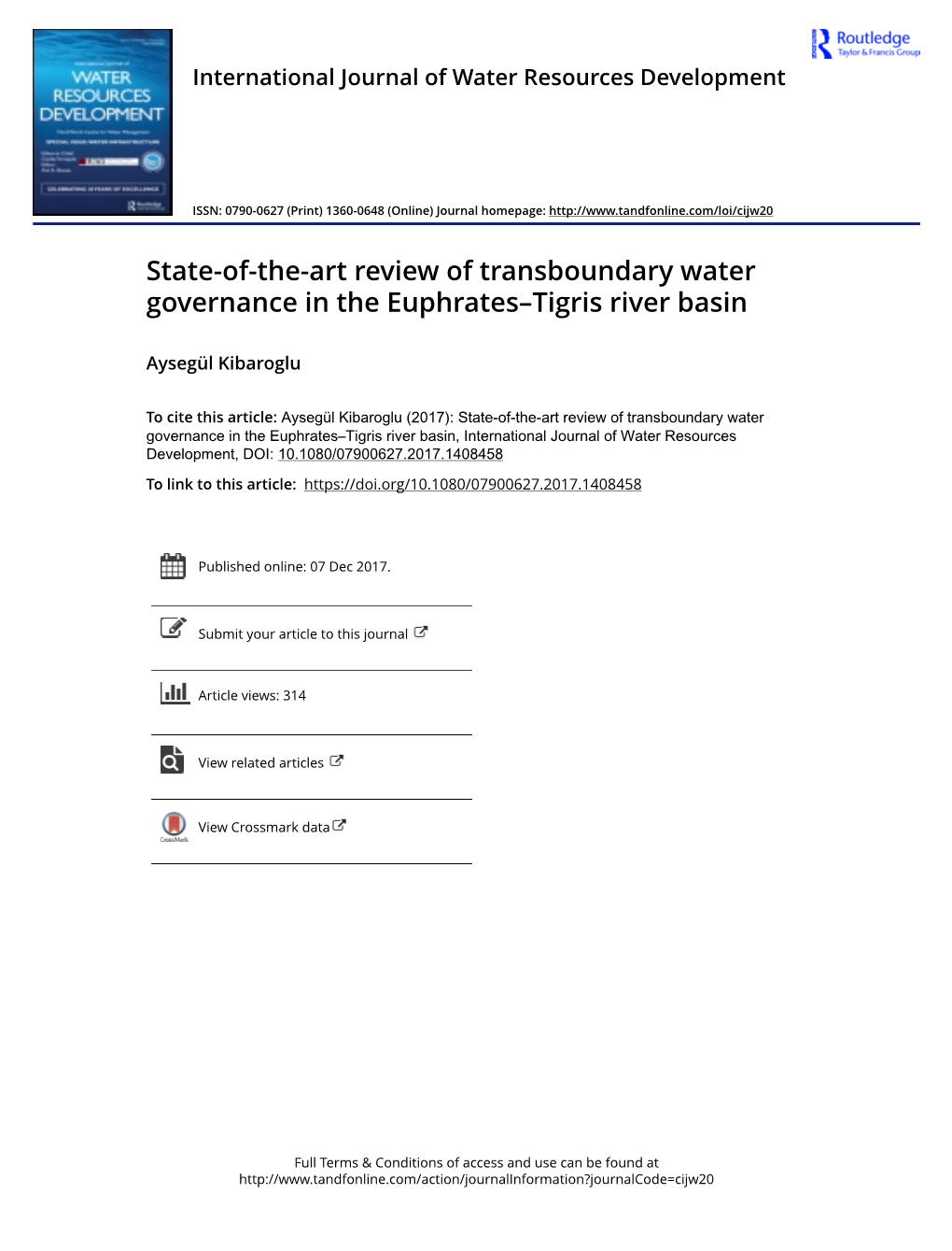 State-Of-The-Art Review of Transboundary Water Governance in the Euphrates–Tigris River Basin