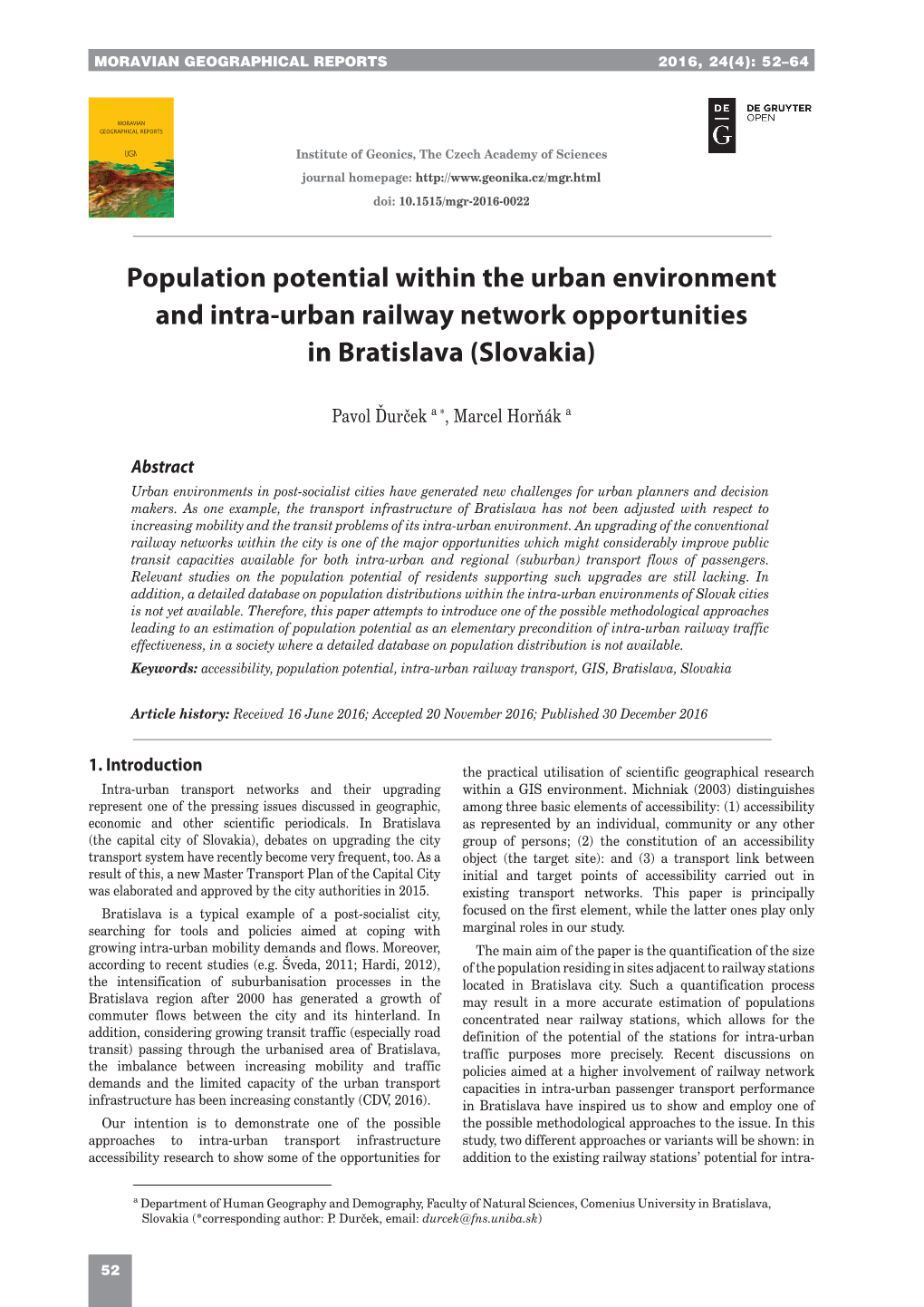 Population Potential Within the Urban Environment and Intra-Urban Railway Network Opportunities in Bratislava (Slovakia)
