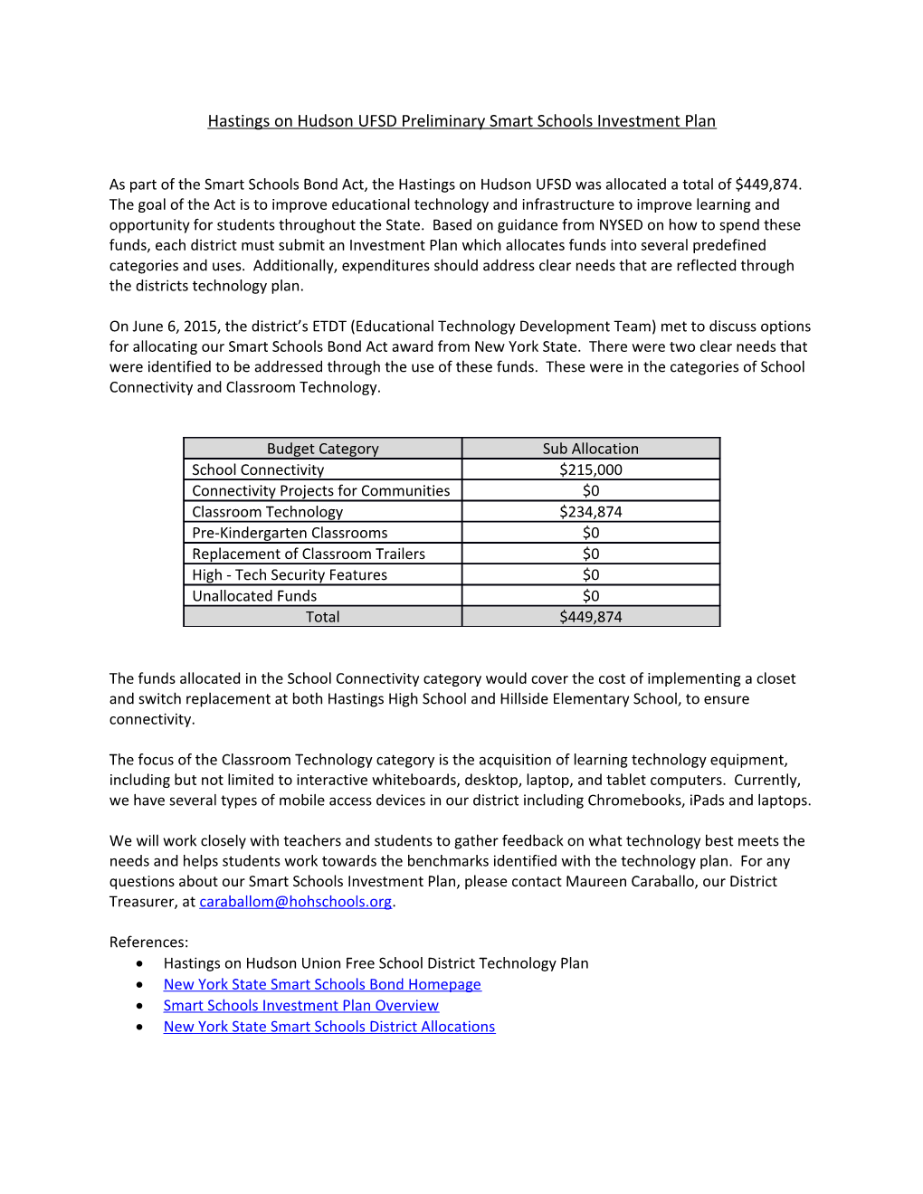 Hastings on Hudson UFSD Preliminary Smart Schools Investment Plan