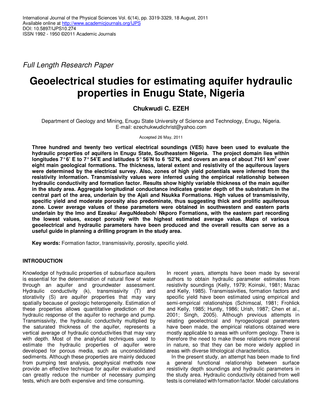 Geoelectrical Studies for Estimating Aquifer Hydraulic Properties in Enugu State, Nigeria